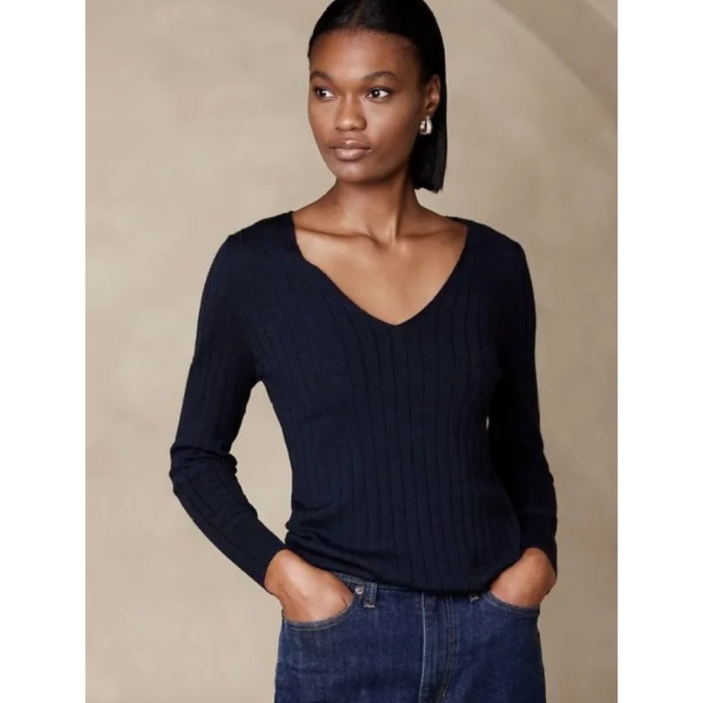 NWT Banana Republic Nezha Merino V-Neck Ribbed Sweater Navy Blue XL